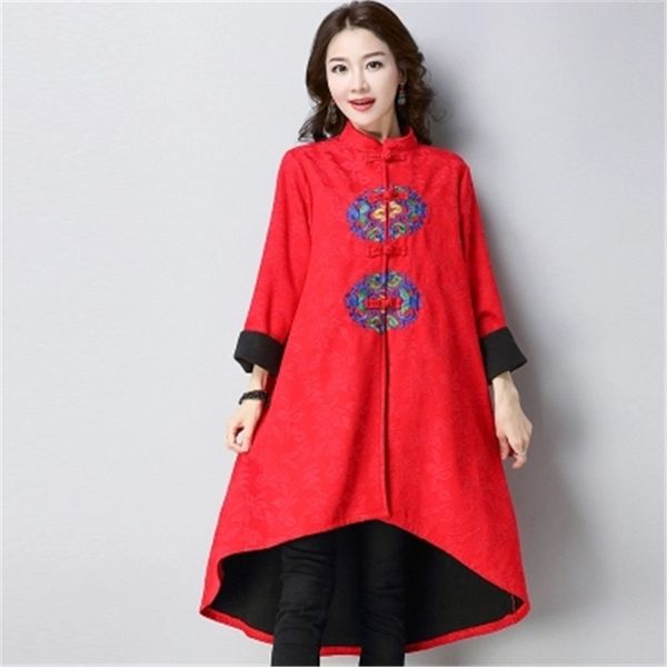 

2018 ethnic vintage embroidery women autumn winter plate button floral jackets casual plus size retro windbreaker coats z289, Tan;black