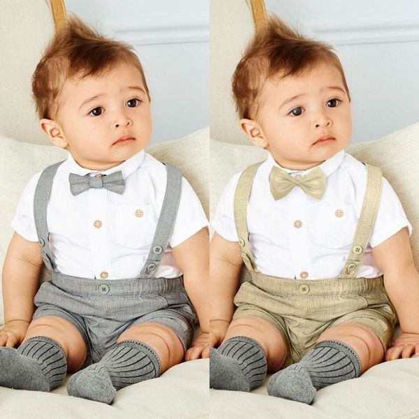 

2pcs baby boys summer clothing set solid color strap shorts short sleeve casual shirt gentle outfits, White