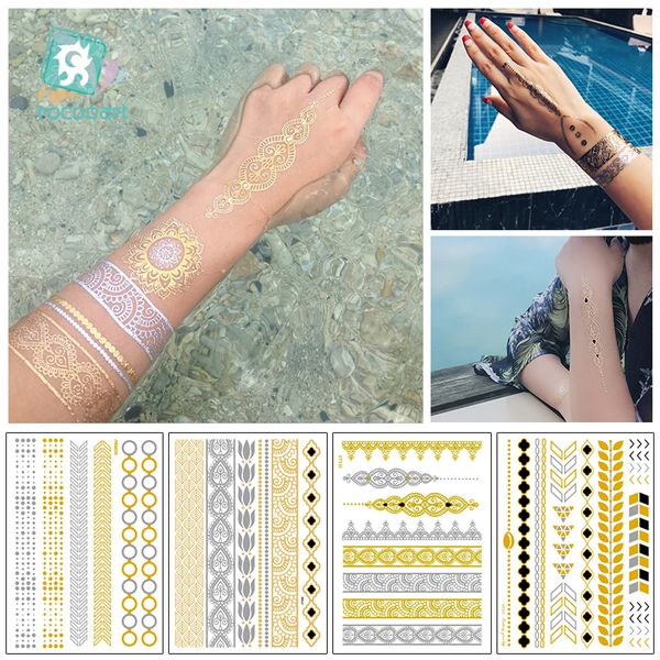 Acheter Rocooart Grand Or Tatouages Au Henné Mains Bracelet Inde Mandala Fleur Tatouage Temporaire Mehndi Femmes Corps Autocollants Grand Sexy Tatto