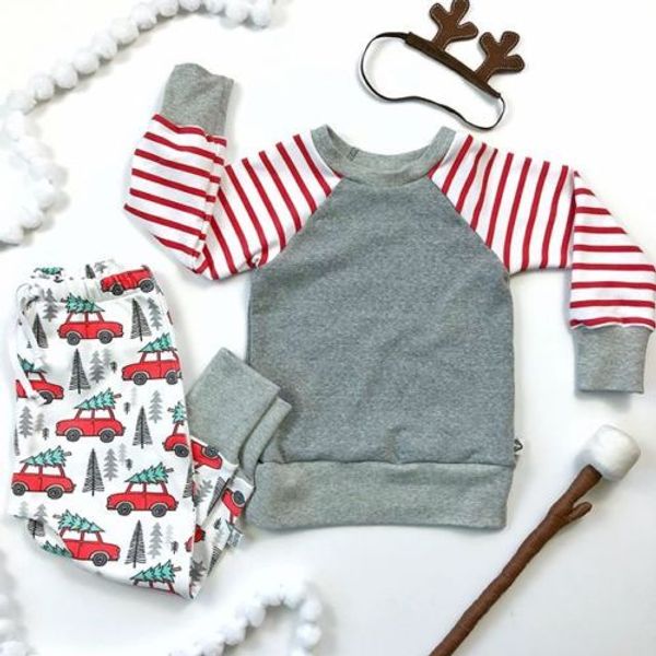 

autumn winter toddler kid baby boy christmas elements stripe long sleeve t shirt print legging pants casual outfit set, White