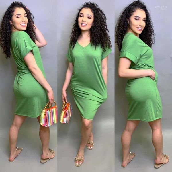 

dress v-neck summer solid color green blue dress casual short sleeved clothing long tshirts women tshirt, Black;gray