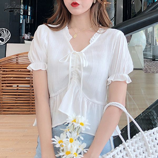 

2020 summer new french v-collar drawstring chiffon shirt slim shirt short sleeve female solid super short slim shirts 10029, White