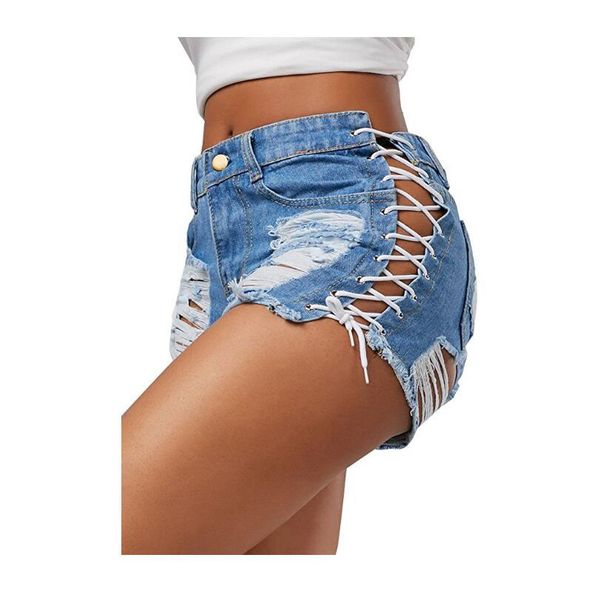 

women hole cropped trimmed denim shorts ripped side strings short jeans black blue