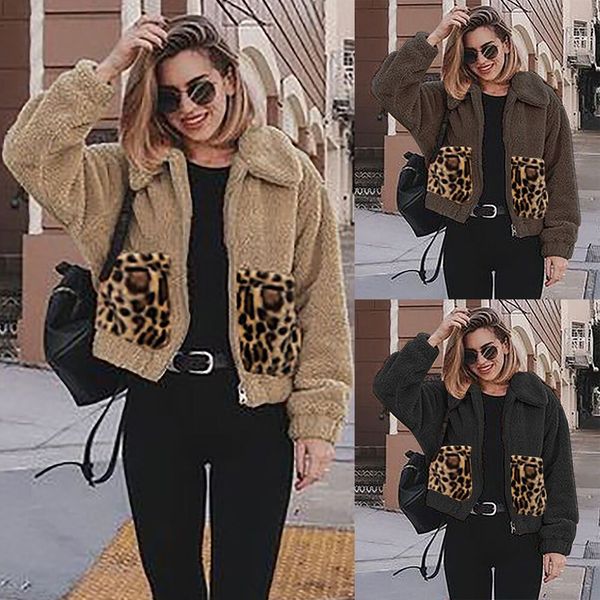 

solid color leopard pocket stitching metal zipper plush padded jacket women's jackets casual coats short jacket, Black;brown