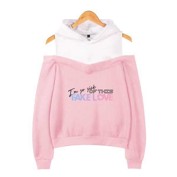 

новое прибытие розовый k-поп bangtan boys толстовка женщина моды толстовка печати поддельной любовь hip hop off-плечевая толстовка фанатов л, Black