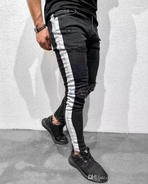 

jeans mens clothing fashion high street knee holes white striped designer black jeans slim fit ripped, Blue