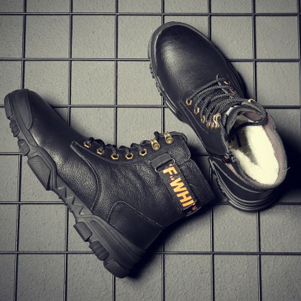 

2019 fashion platform men's boots rivet plush warm boots 2018 elegant waterproof leather snow man velvet shoes, Black