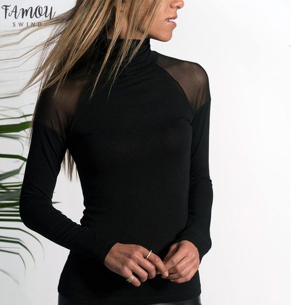 

womens mesh turtleneck solid color black casual shirt tees female long sleeved slim t shirt basic clothes s xl, White