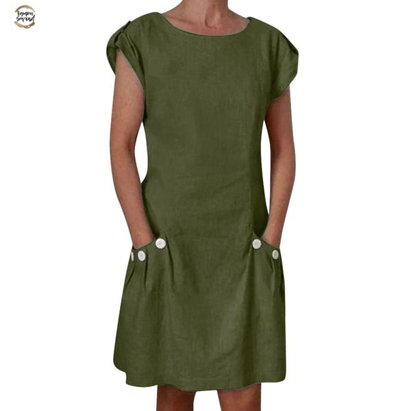 

women casual o-neck short sleeve with pocket buttoned decor zipper back loose mini linen dress female summer vestidos for 2019, Black;gray