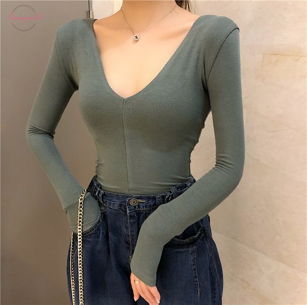 

new girls sheath deep v neck slim full sleeve t shirts ladies solid tees shirts for women, White