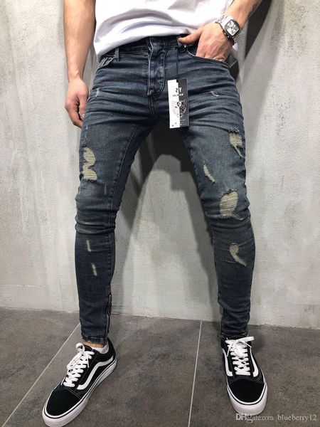 

fashion mens jeans straight slim fit biker jeans pants distressed skinny ripped destroyed denim jeans washed hiphop pants, Blue