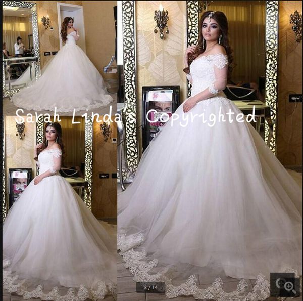 

2019 бальное платье robe de mariage белое с плеча свадебное платье 3/4 кружева аппликации из бисера платье невесты принцесса пышные свадебны, White