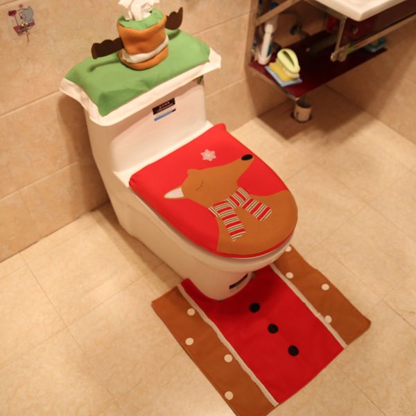 

3pcs/set christmas elk toilet set bathroom decoration three-piece toilet lid embroidery elk scene arrange