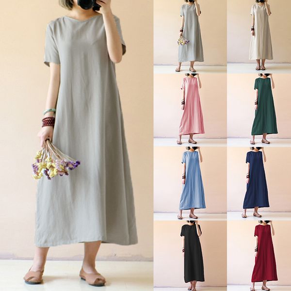 

celmia women vintage linen dress 2019 summer shirt dress short sleeve solid casual loose party beach maxi long vestidos sale, Black;gray