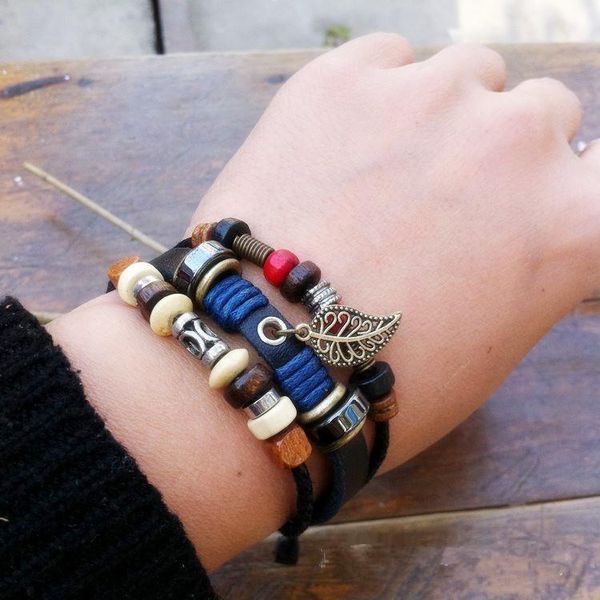 

fashion jewelry womens mens handmade leather braided hemp surfer belt bracelet wristband with leaves for man or women y009, Golden;silver