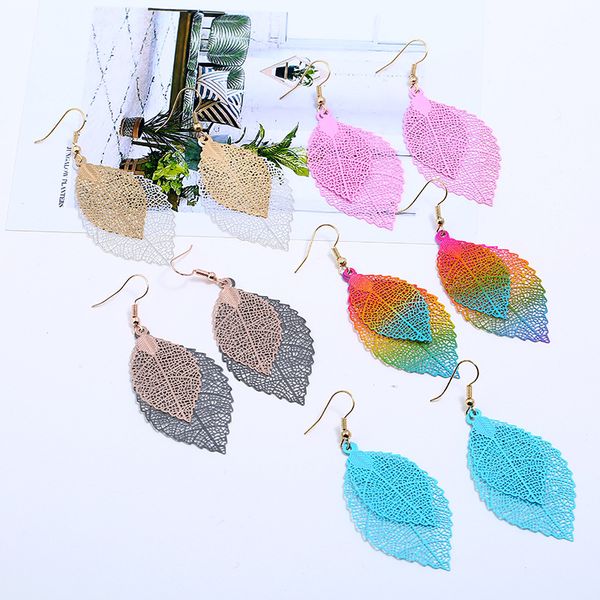 

colorful leaves earrings luxury bohemian leaf earrings multicolor hollow earrings for women new fashion jewelry, Silver