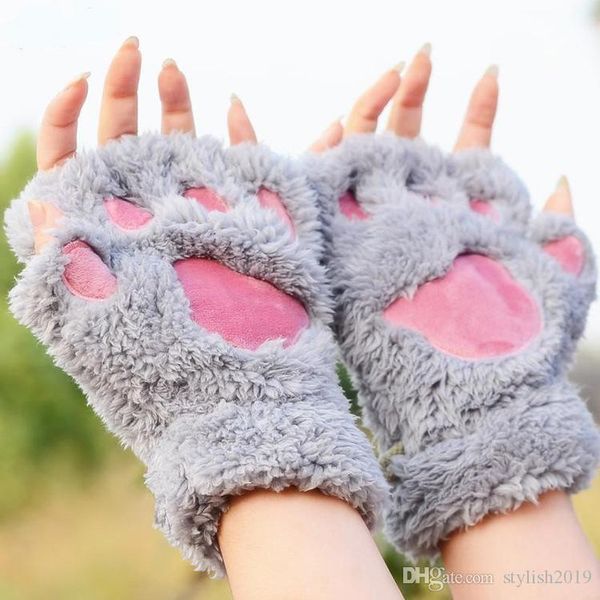 

autumn and winter thick warm half finger cute ladies plush student fashion cat claw gloves wcw793, Blue;gray