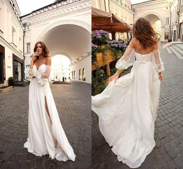 

2019 elegant tulle a-line summer wedding dress backless bohemian beach off shoulder long sleeve vintage plus size bridal gown custom made, White