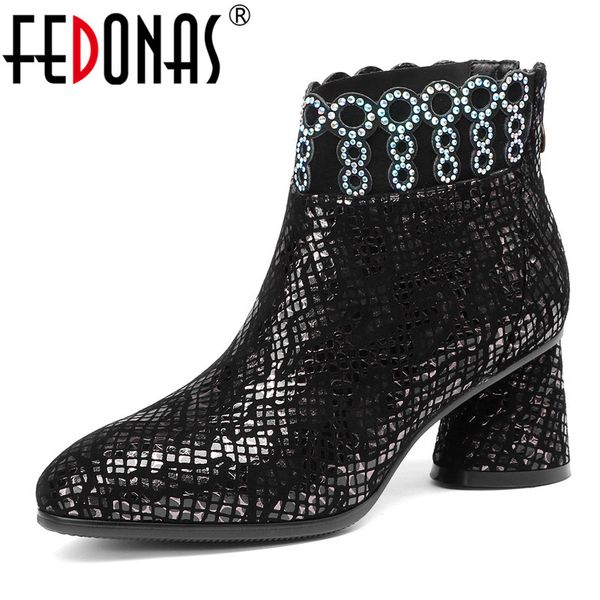 

fedonas women warm autumn winter ankle boots round toe high heels boots blingbling suede leather back zipper shoes woman, Black