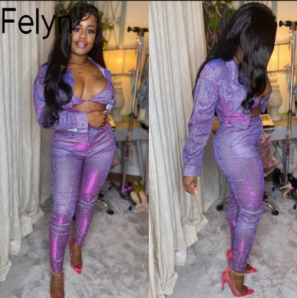 

felyn 2020 new arrival fashion design two pieces women set silver wire turn-down collar jacket and long pants night club suits, White