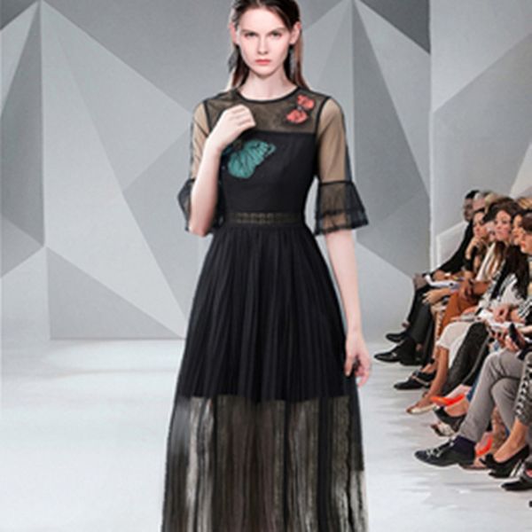 

casual dresses lady luxurious dress fashion mesh patchwork lace butterfly pattern ladies slim hundred pleats, Black;gray