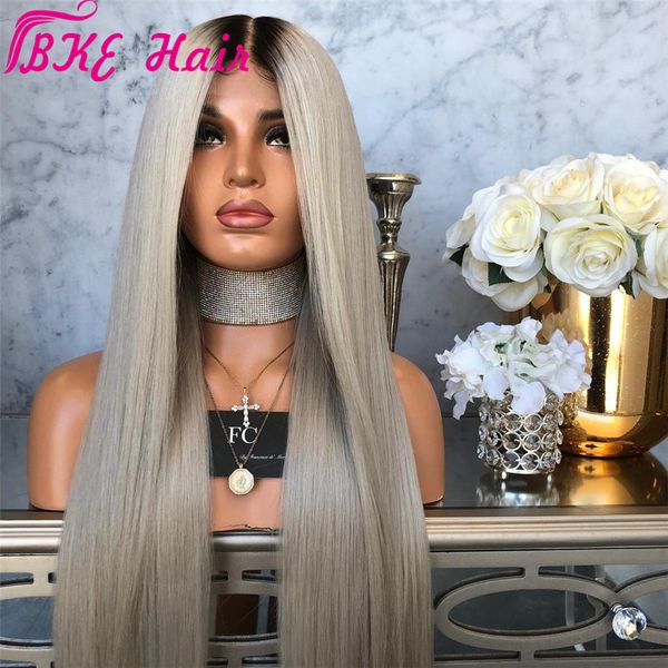 Tiefer Mittelteil Ombre Grau Farbe brasilianische Lace Front Perücken mit Babyhaar 13*4 gerade synthetische Spitzenperücke für Frauen mit natürlichem Haaransatz