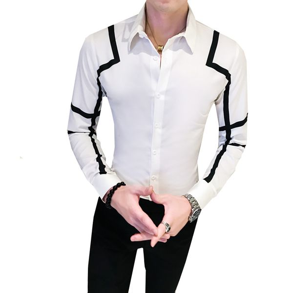 

2019 autumn business shirt men casual slim fit long sleeve shirts fashion striped decoration streetwear social dress shirts, White;black