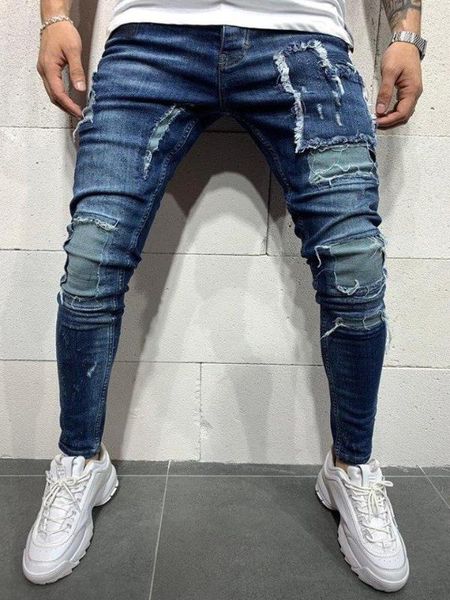 

синий лоскутная джинсовая knit - узкие fit мужские джинсы, Blue