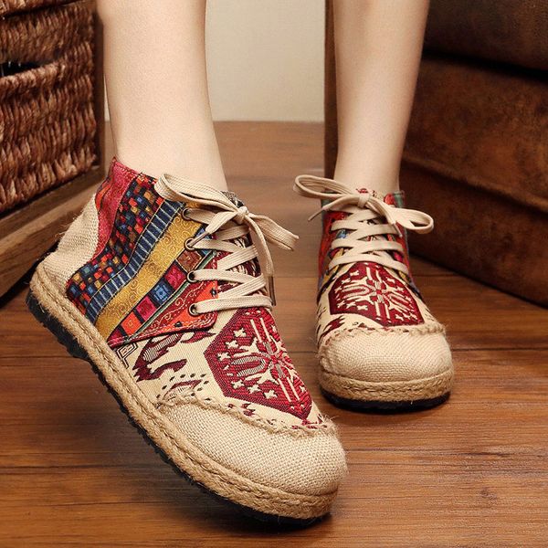

high cotton embroidered women casual linen flat shoes handmade lace up thick hemp soled canvas shoes, Red;white