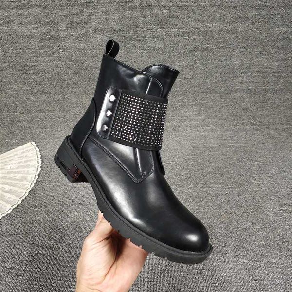 

round toe med heel boots booties ladies zipper rivets women's rubber shoes rain low heels booties crystal luxury designer ankle, Black