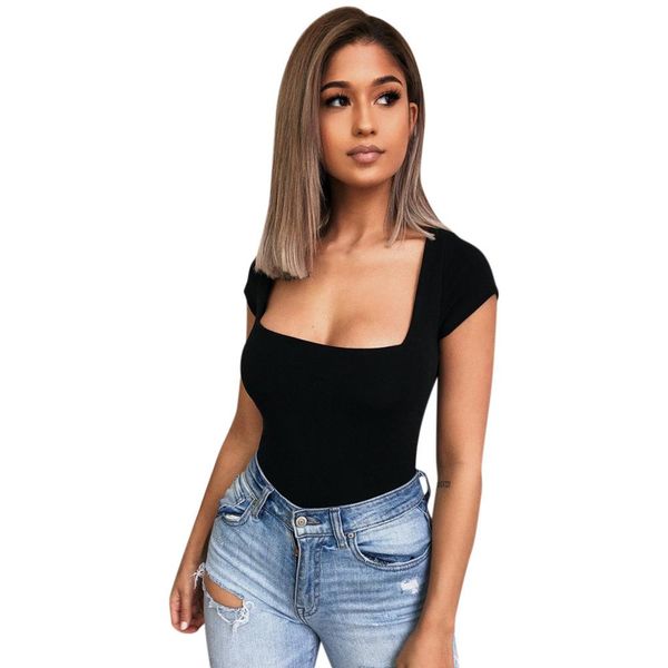 

square collar stretch solid cotton bodysuit women 2019 summer short sleeve slim sheer romper women bodysuit ed, Black;white