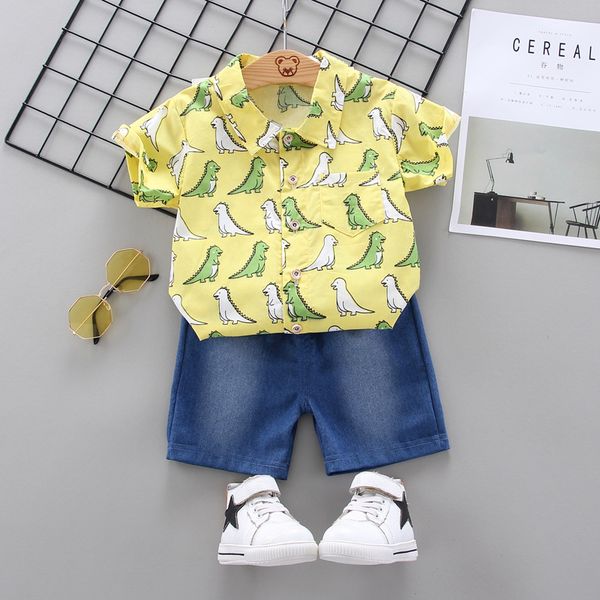 

handsome baby boy clothes summer jeans two-piece casual shirt cartoon printed dinosaur short-sleeved shirt cotton baby suit, White