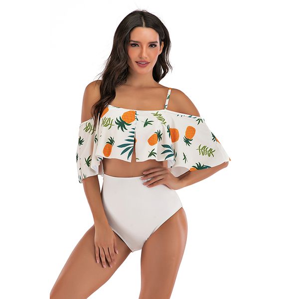 

bikinis women print swimwear high waist swimsuit halter ruffle bikini set retro bathing suits plus size swimwear s-2xl, White;black