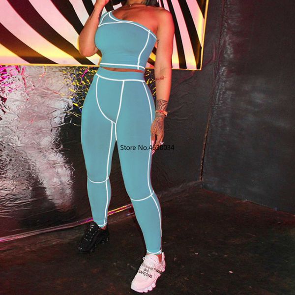 

tracksuit women 2 piece set women one-shoulder crop high waist pants 2020 summer fashion streetwear sportswear outfit, White