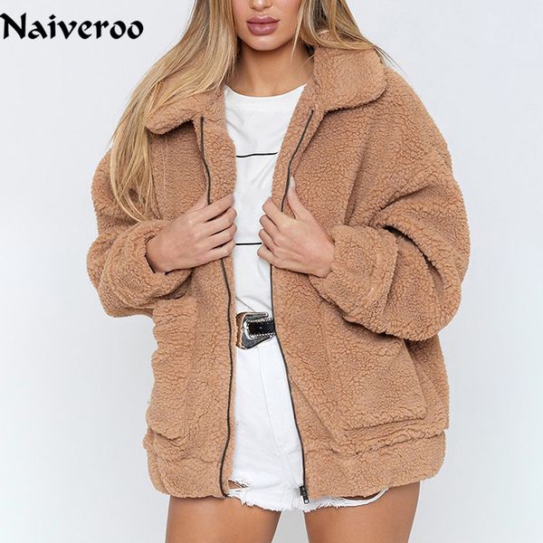 

2018 winter warm faux fur coat women turn down collar long sleeve pocket zipper overcoat casual lamb wool fur zip jackets 6q234, Black