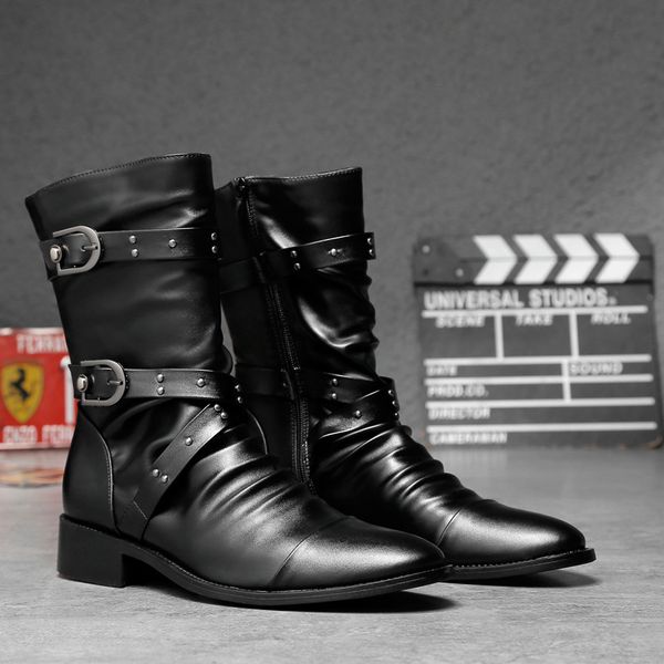 

army boots men high combat men boots mid calf metal male motorcycle punk spring men's shoes rock, Black