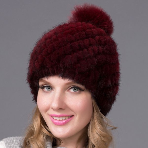 

winter hat female genuine natural hair hat pineapple russia beanie thick fur knitted cover ear warm travel, Blue;gray