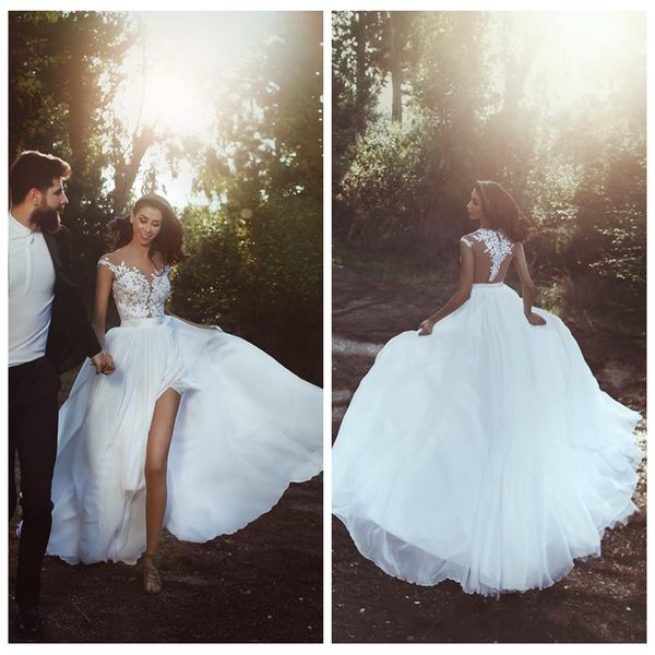 

sheer lace appliques chiffon long a-line wedding dresses 2020 split formal bridal gowns spring robe de marriage customized, White