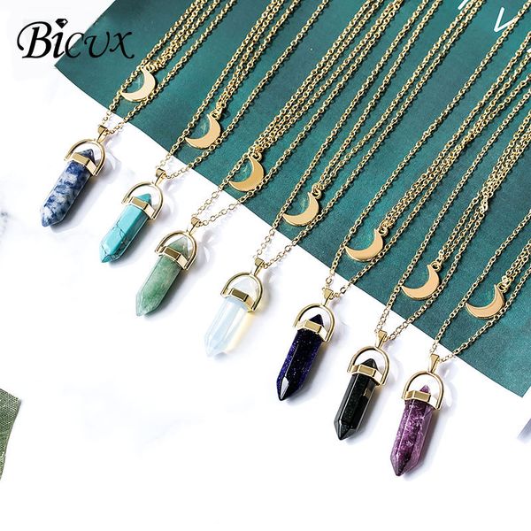 

bicux natural stone shape crystal pendant necklaces fashion moon double gold chain women necklace jewelry, Silver