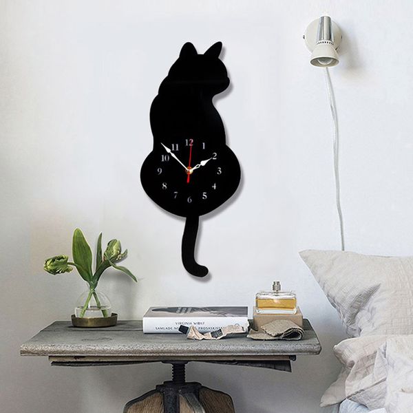 

white/black wagging tail cat design wall clock kids bedroom wall decoration unique gift creative cartoon mute diy clock