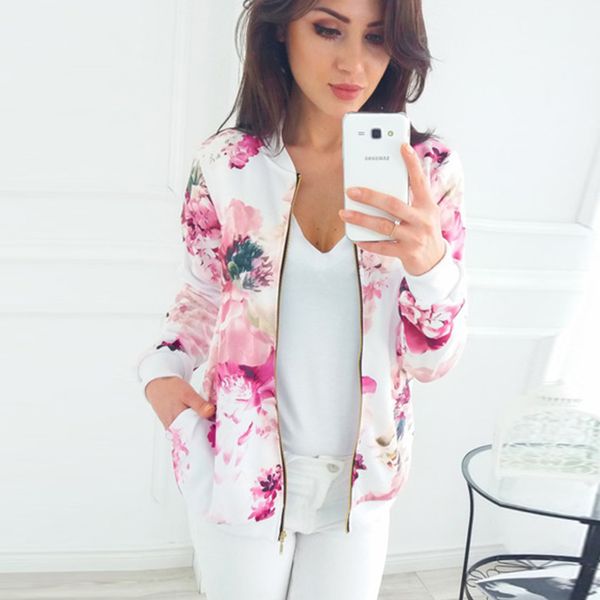 

женская цветочная печати bomber jacket coat кармана o-образный вырез с длинным рукавом молния куртка пальто женская 2019 тонкой верхней одеж, Black;brown