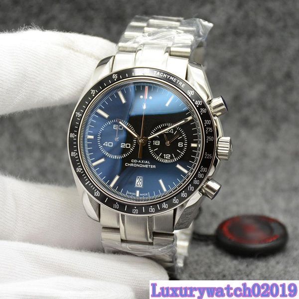 

44mm quartz chronograph date mens watches coffee hands stainless steel bracelet fixed bezel with a ring showing tachymeter markings, Slivery;brown