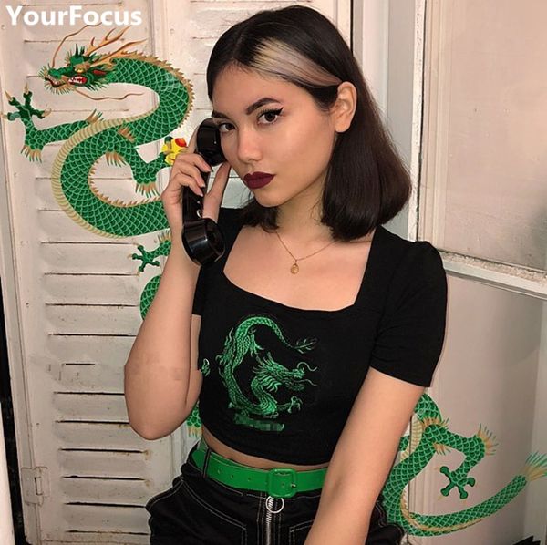 

harajuku ins vintage omighty style green dragon pattern embroidery short sleeve square collar crop tee tshirts yq-956 y19072701, White