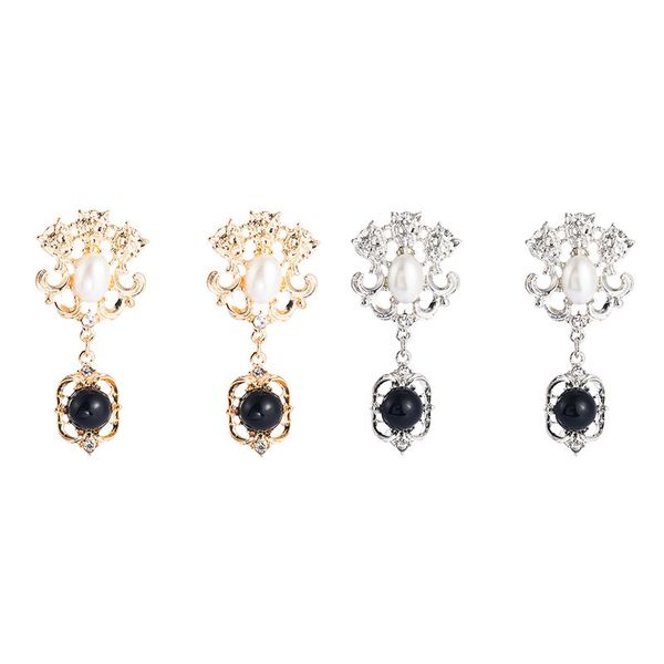

vintage baroque palace earrings for women vontage black zircon gemstone pendants pearl stud earrings luxurious accessories drop shipping, Silver
