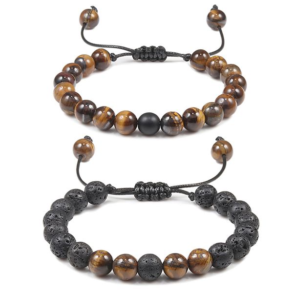 

8mm tiger eye stone beads bracelet braided rope adjustable black lava chakra charm healing balance yoga bracelets for men women
