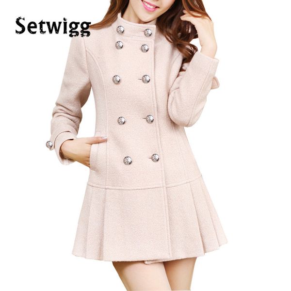 

setwigg women's winter double breasted cashmere blend dress coat stand collar golden-lined pleated hem slim wool jacket coat, Black