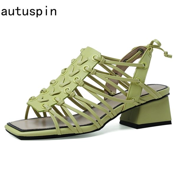 

autuspin casual cross tied women's sandals 2020 fashion female genuine leather rome thick heels office party peep toe shoes, Black