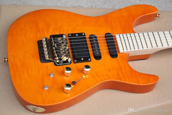 

customized factory wholesale price, orange electric guitar, 3 pickups, no product inlay, gold hardware, flame maple veneer, customizabl