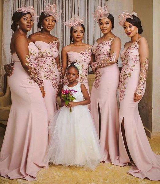 

2019 pink long sleeve bridesmaid dresses jewel neck mermaid satin appliques maid of honor wedding guest gown for country wedding sale, White;pink