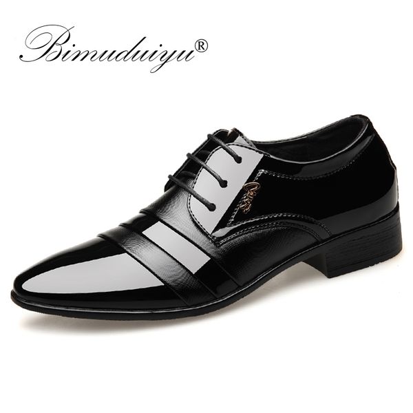 

bimuduiyu fashion men dress flat shoes luxury business oxfords shoes pointed toe wedding leather british lace-up footwear, Black